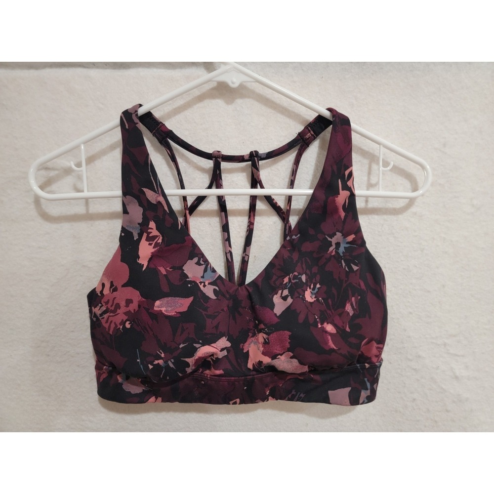 All in Motion Women's Floral Sports Bra Medium Strappy Back Mesh Lining Burgundy